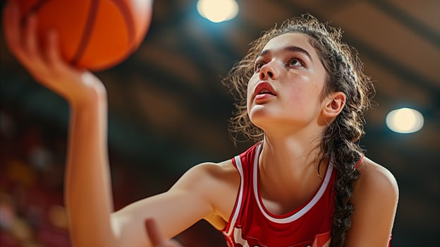 AI generated Basketball young lady dribbling ball. Generative AI photo