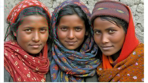 AI generated Three girls dressed in colorful scarves stand beside a wall. Generative AI photo