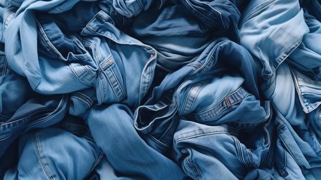 AI generated Assorted Denim Stack - Top View of Crumpled Blue Jeans as Background. Fashion Display with Textured Folded Denim Variety. Clothing Selection and Texture Concept for Design and Marketing photo