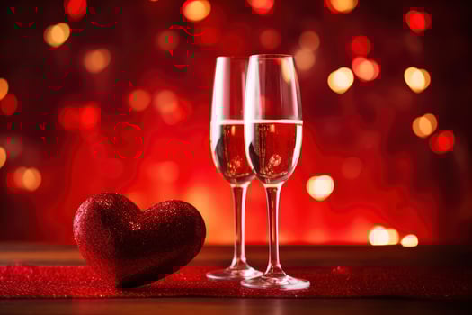 AI generated two glasses of champagne and red heart against bokeh background with text area photo