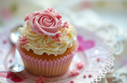 AI generated cute valentines cupcake with pink roses photo