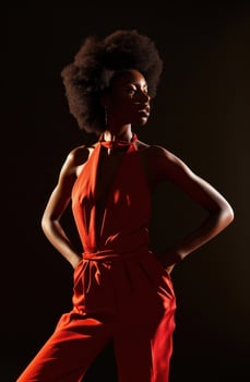AI generated in a red high waisted jumpsuit a woman poses for a pose, afro-caribbean influence photo