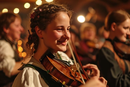 AI generated people smiling while playing songs at a traditional german dance, photo