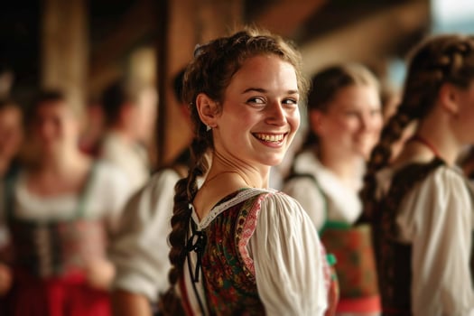 AI generated people smiling while playing songs at a traditional german dance, photo