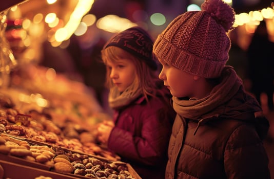 AI generated two kids looking at homemade snacks at the christmas market photo