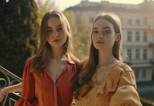 AI generated two young women are standing on a railing outside photo