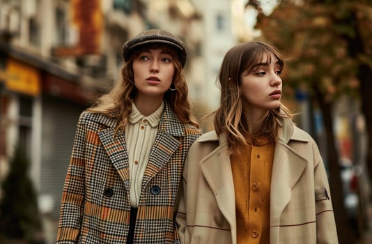 AI generated two women wearing checker jacket and sweater walking photo