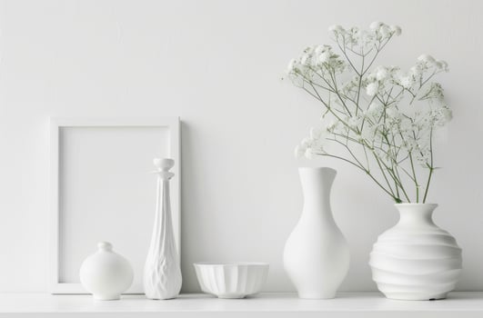 AI generated white paper template and pictures of white apsara flowers on a white table photo