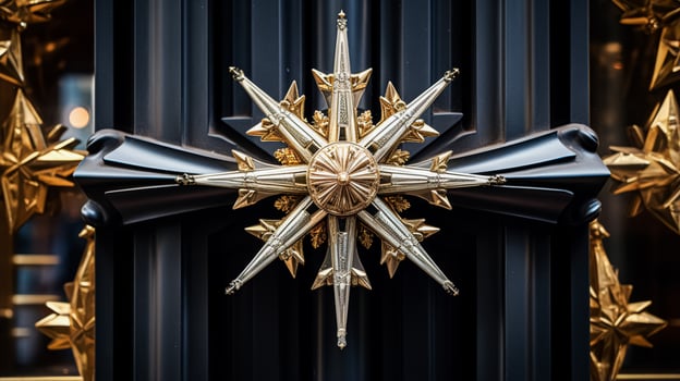 AI generated Christmas decoration details on English styled luxury high street city store door or shopping window display, holiday sale and shop decor photo