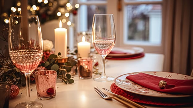 AI generated Festive date night tablescape idea, dinner table setting for two and Christmas, New Year, Valentines day decor, English country home styling photo