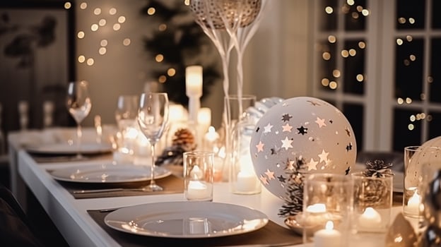 AI generated New Year party decor, home decoration for festive holiday celebration photo