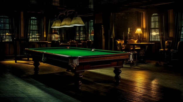 AI Generated Elegant billiards hall with a richly finished pool table under the warm glow of overhead lights, conveying a cozy and upscale ambiance photo