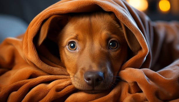 AI generated Cute puppy sitting, looking at camera with playful, fluffy fur generated by AI photo
