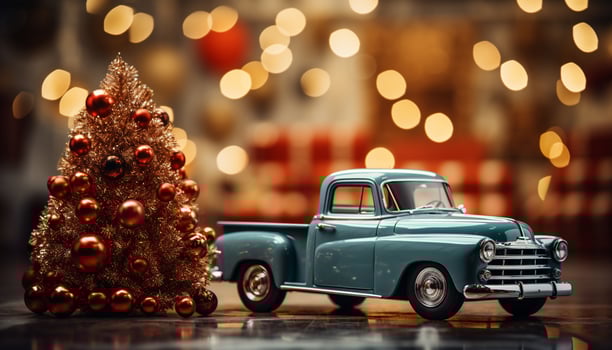 AI generated Old fashioned car decorated with shiny Christmas lights, transporting gifts indoors generated by AI photo