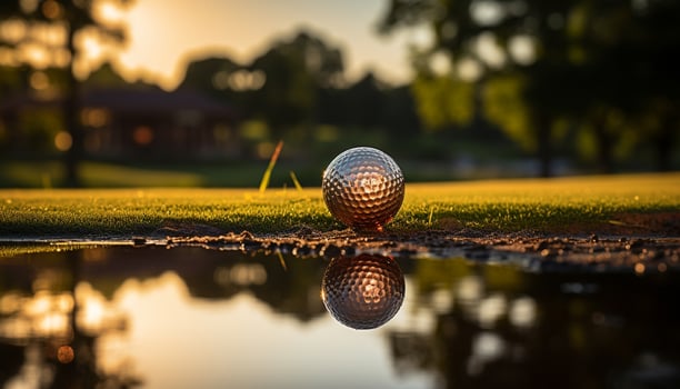 AI generated Golf ball rolls on green grass, sunset backdrop generated by AI photo