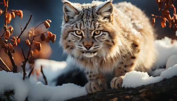 AI generated Majestic bobcat in winter forest, looking cute generated by AI photo