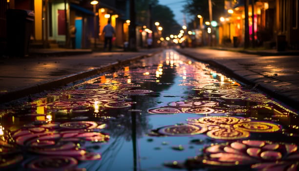 AI generated Glowing lanterns illuminate the dark city streets generated by AI photo
