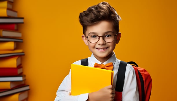 AI generated Smiling Caucasian boys studying, learning, and looking at camera generated by AI photo