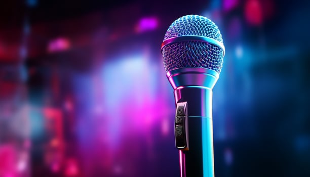 AI generated Illuminated stage, singer, audience, spotlight, microphone, performance generated by AI photo