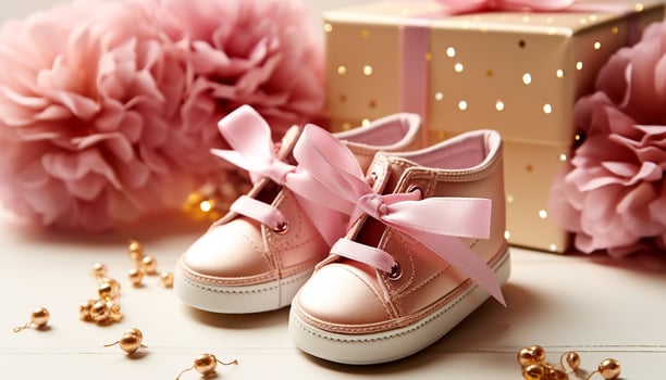 AI generated Pink baby booties, a cute gift for celebration generated by AI photo