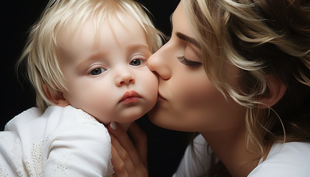 AI generated Mother embracing baby, love and happiness in family generated by AI photo