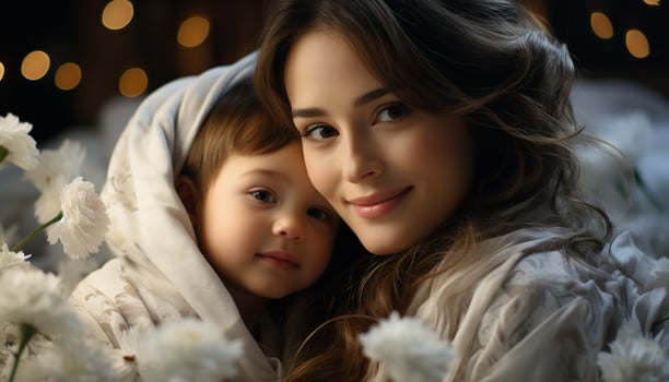 AI generated Smiling child embraces mother, celebrating love and happiness generated by AI photo