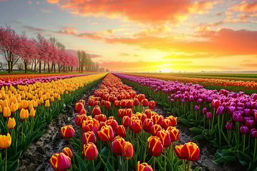 AI generated Incredibly beautiful spring landscape with rows of tulips in the holland at sunrise. generative ai. photo