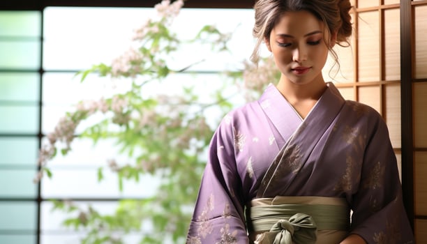 AI generated Beautiful geisha in traditional clothing standing by window generated by AI photo