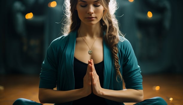 AI generated Young woman meditating indoors, eyes closed, serene and focused generated by AI photo