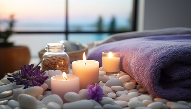 AI generated Relaxation, candle, spa treatment, pampering, wellbeing, tranquility, nature, beauty generated by AI photo