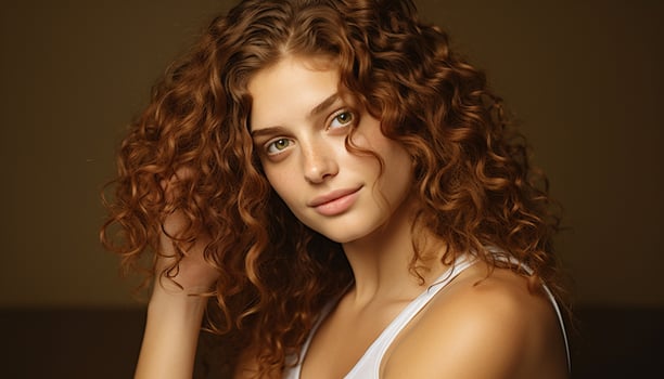 AI generated Beautiful woman with curly brown hair smiling at camera generated by AI photo