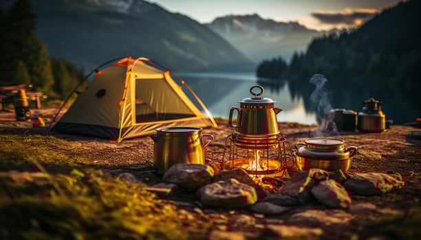 AI generated Camping in nature, tent, forest, adventure, hiking generated by AI photo