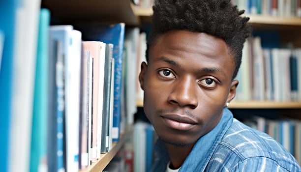 AI generated Young adult African student studying in library generated by AI photo