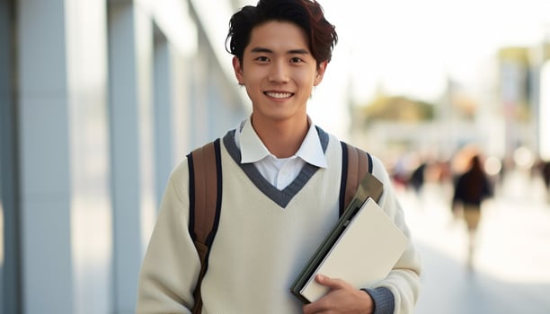 AI generated Smiling student studying outdoors, looking at camera confidently generated by AI photo