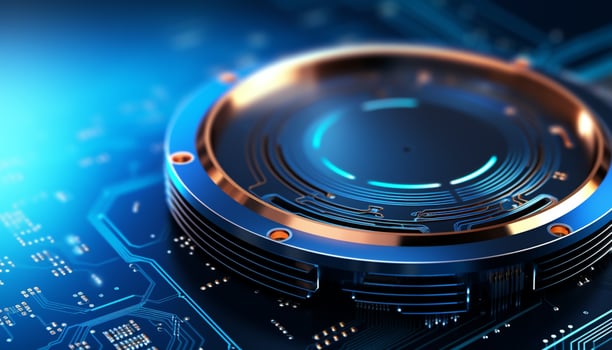 AI generated Blue computer chip, part of complex machinery generated by AI photo