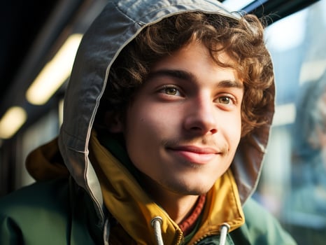 AI generated Young adult males smiling outdoors in autumn rain generated by AI photo