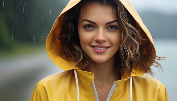 AI generated Smiling young woman in rain with umbrella generated by AI photo