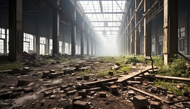 AI generated Ruined factory, broken window, rusty steel, dim corridor generated by AI photo