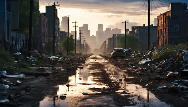 AI generated Dirty cityscape, damaged buildings, traffic pollution generated by AI photo
