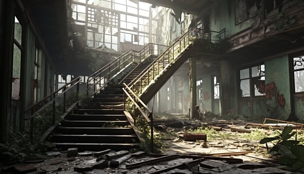 AI generated Ruined, abandoned, old, damaged architecture, dirty, spooky indoors generated by AI photo