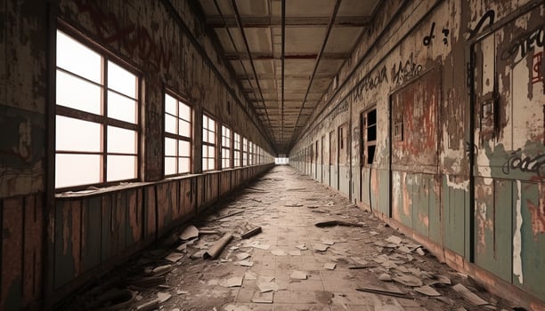 AI generated Spooky old ruin, abandoned factory, rusty metal generated by AI photo