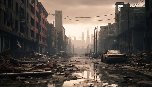 AI generated Dirty, damaged car in ruined cityscape at night generated by AI photo