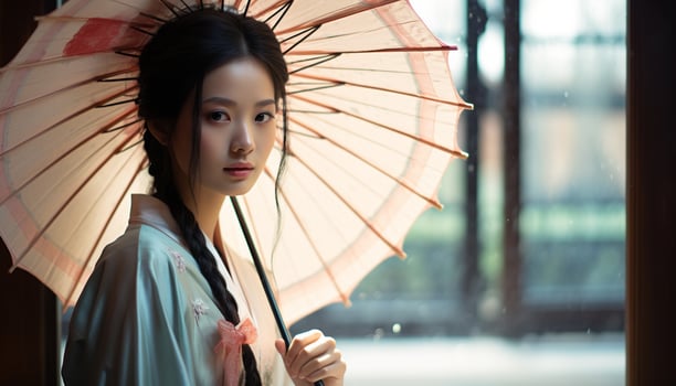 AI generated Beautiful young woman holding umbrella in the rain generated by AI photo