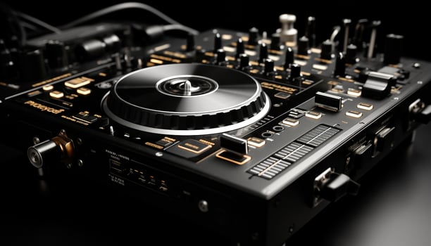 AI generated Nightclub party, DJ mixing sound, turning knobs, spinning turntable generated by AI photo