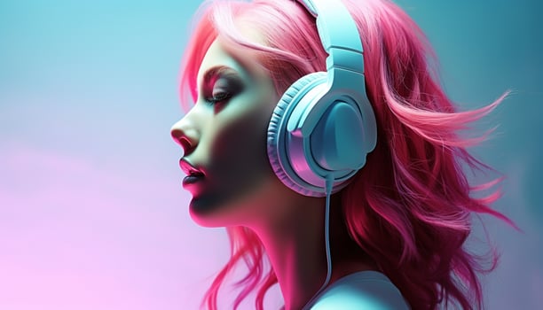 AI generated Young woman enjoying music with headphones at nightclub generated by AI photo