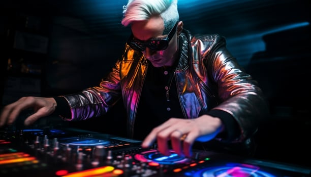 AI generated Young adult male DJ mixing music at nightclub generated by AI photo