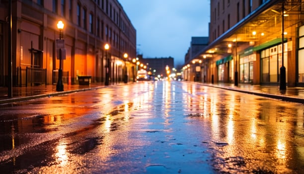 AI generated City street at dusk, reflecting car lights generated by AI photo