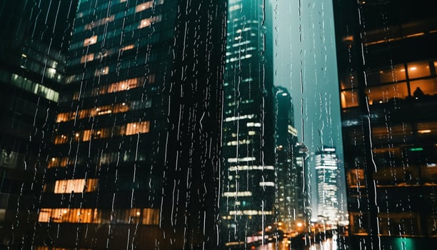 AI generated Rainy night in the city, skyscrapers reflecting lights generated by AI photo