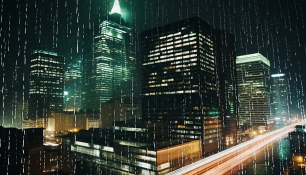 AI generated Night skyline, skyscrapers illuminate city with futuristic architecture generated by AI photo