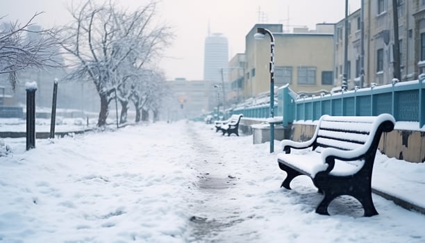 AI generated Snow covered bench in tranquil winter landscape generated by AI photo
